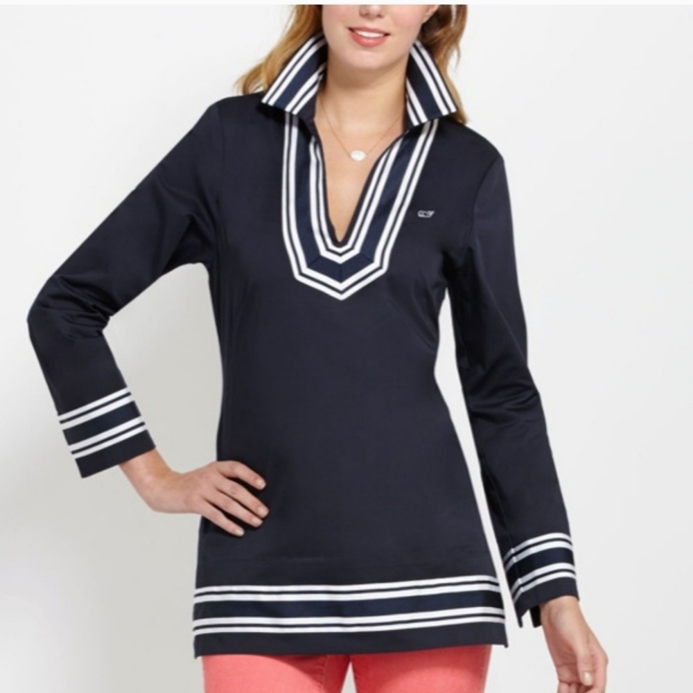 Vineyard Vines Top Womens Sz 2 Tunic navy blue Vineyard Vine White Stripes